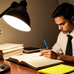 **Image:** A focused individual studying law books and government documents at a desk, illuminated by a lamp. Open books display excerpts of *Akta Polis* and *Kanun Keseksaan*. Pens, highlighters, and sticky notes are scattered around, symbolizing intense preparation. The scene should convey diligence and commitment to mastering legal knowledge.