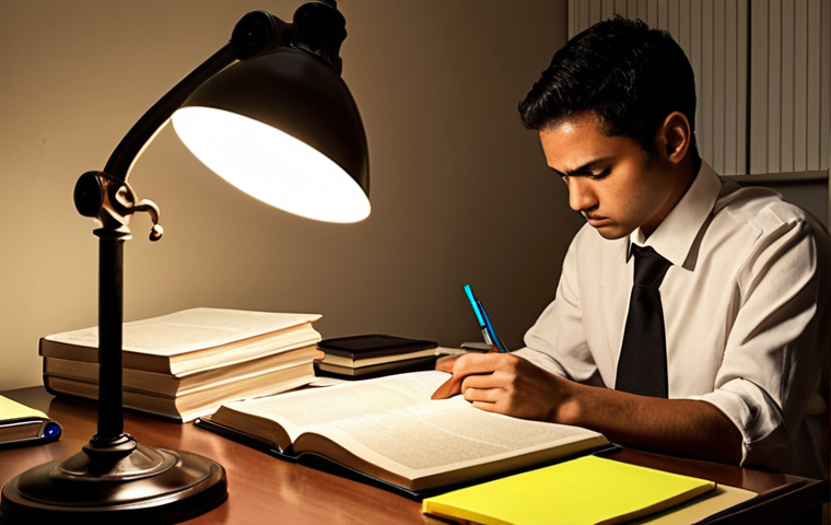 **Image:** A focused individual studying law books and government documents at a desk, illuminated by a lamp. Open books display excerpts of *Akta Polis* and *Kanun Keseksaan*. Pens, highlighters, and sticky notes are scattered around, symbolizing intense preparation. The scene should convey diligence and commitment to mastering legal knowledge.
