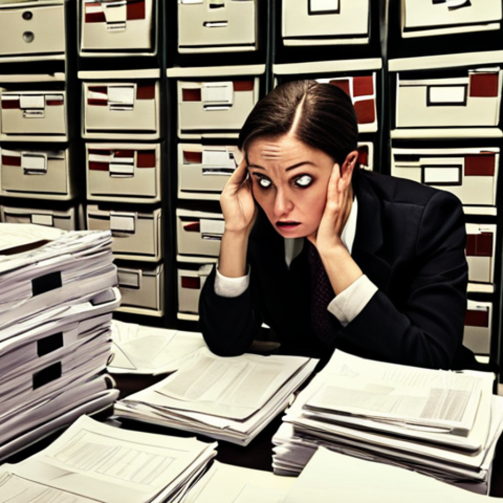 **

A stressed office worker surrounded by stacks of paper, compliance documents, and overflowing inboxes. The scene highlights the administrative burden of regulatory compliance. Use muted colors to convey a sense of overwhelm. In the background, a glowing screen displays a digital record management system, offering a solution.

**