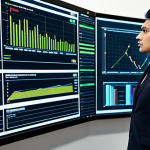A professional compliance officer, fully clothed in a modest business suit, intently observing a large holographic display that shows real-time compliance dashboards and automated workflows. The setting is a sleek, modern data control room, emphasizing efficiency and streamlined processes with vibrant digital charts and flowing data visualizations. appropriate attire, safe for work, perfect anatomy, natural proportions, well-formed hands, proper finger count, natural body proportions, professional photography, high quality, family-friendly content.