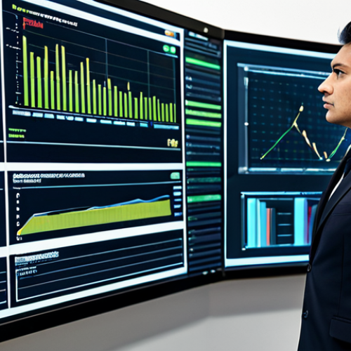 A professional compliance officer, fully clothed in a modest business suit, intently observing a large holographic display that shows real-time compliance dashboards and automated workflows. The setting is a sleek, modern data control room, emphasizing efficiency and streamlined processes with vibrant digital charts and flowing data visualizations. appropriate attire, safe for work, perfect anatomy, natural proportions, well-formed hands, proper finger count, natural body proportions, professional photography, high quality, family-friendly content.